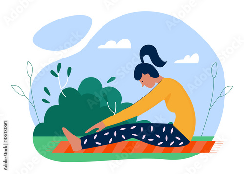 Yoga practice sport activity flat vector illustration. Cartoon active girl character practicing yoga asana exercises in summer outdoor park garden  sports healthy activity in nature isolated on white