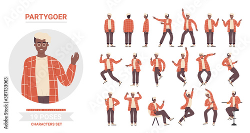 Young man poses on dance party vector illustration set. Cartoon happy dancer male character dancing in different postures, active stylish partygoer person enjoying fun party time isolated on white