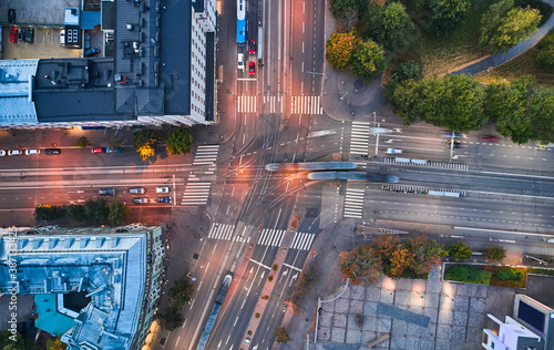 Obraz na płótnie Aerial view of the intersection in Helsinki, Finland. The trams are crossing the intersection w salonie