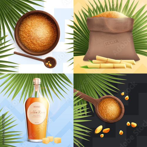 Realistic Cane Sugar Icon Set