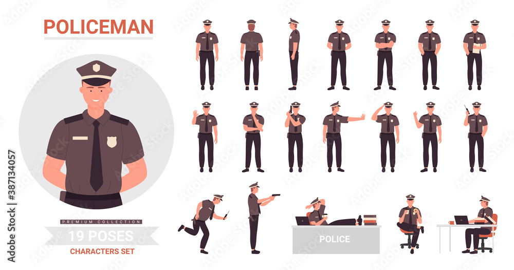 Policeman poses vector illustration set. Cartoon police officer man character working in office or street, cop guard person wearing uniform posing in work or rest postures collection isolated on white - obrazy, fototapety, plakaty 