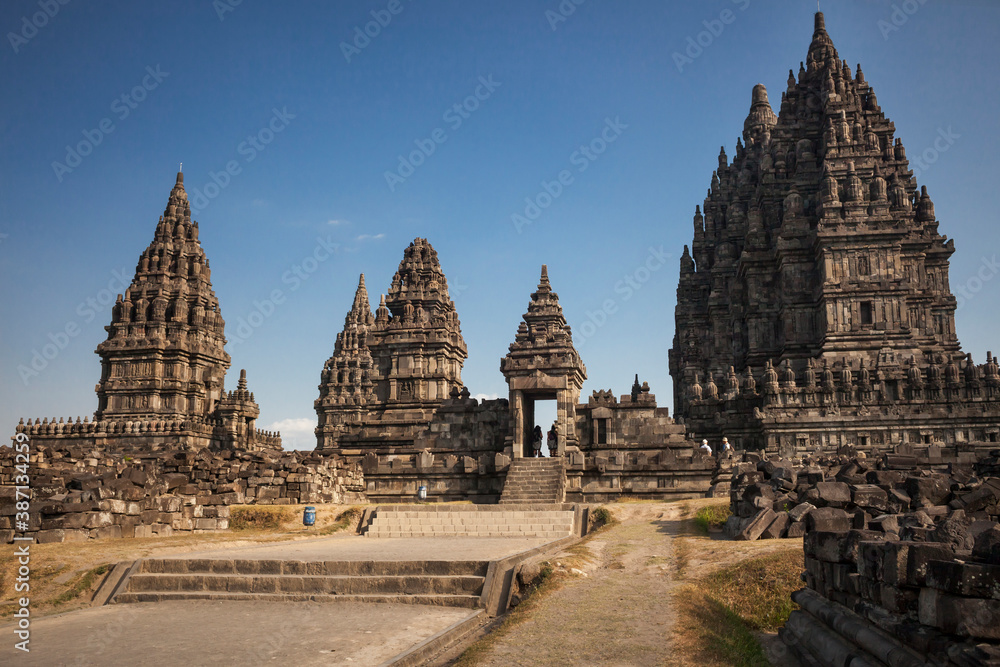 Panoramic view of the entrance to Prambanan Hindu Temple in Yogyakarta, Java, Indonesia