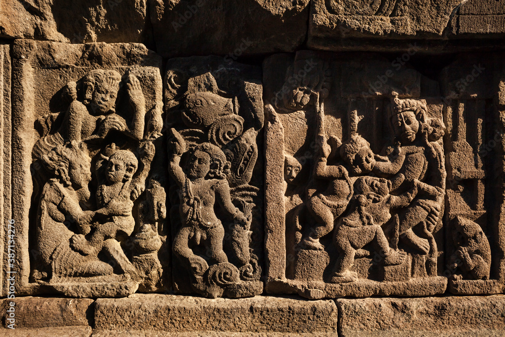 close-up view of one of the Prambanan Hindu Temple bas-reliefs in Yogyakarta, Java, Indonesia