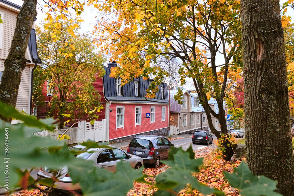 The old wooden district Puu Vallila of Helsinki, Finland. Autumn cityscape.