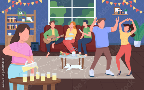 Home party flat color vector illustration. Night entertainment. Man and woman dance together. Celebrate event indoors. Happy friends 2D cartoon characters with house interior on background