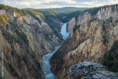 lower falls of the yellowstone national park from artist point at sunset  wyoming  usa