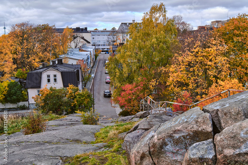 Obraz na płótnie The old wooden district Puu Vallila of Helsinki, Finland. Autumn cityscape. w salonie