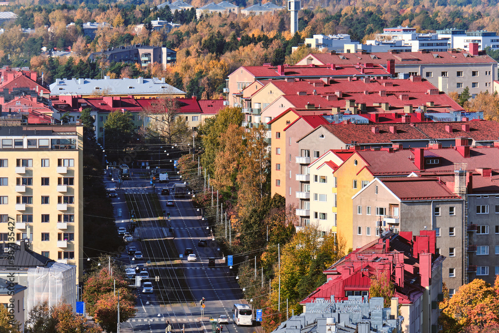 View of Mannerheimintie street in the center of Helsinki, Finland.