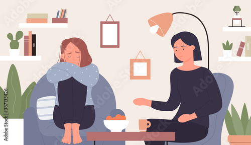 Mental health support vector illustration. Cartoon psychologist or psychiatrist counsel character taking care and help, counselling sad woman patient in communication, psychology therapy background