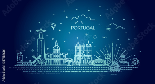 Portugal line skyline with panorama in white background