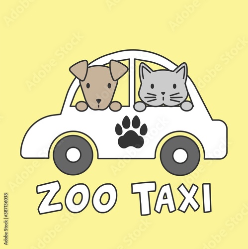 Vector flat line dog and cat in white car. Veterinary clinic or zoo taxi concept, isolated on yellow background