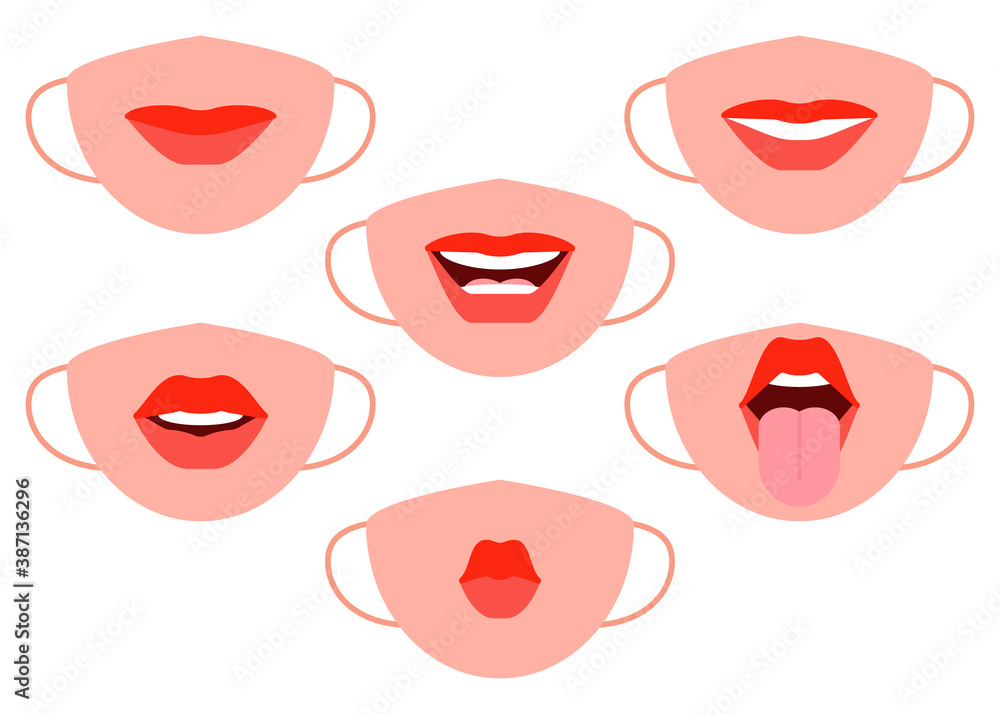 Protective individual masks with mouth image. Human mouth facial expressions mask. Red female lips emotions. Womans smile, kiss, tongue sticking out. Vector illustration Protective individual masks with mouth image. Human mouth facial expressions mask. Red female lips emotions. Womans smile, kiss, tongue sticking out. Vector illustration