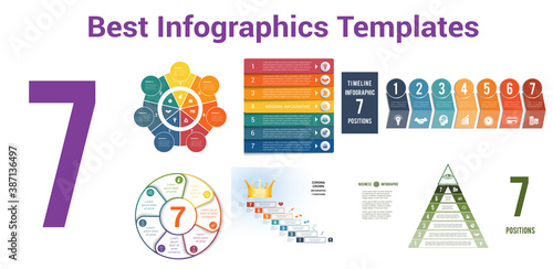 Universal set with 6 templates for 7 positions  Infographics conceptual cyclic processes. It can be use for workflow, banner, diagram, web design, timeline, area chart,number options