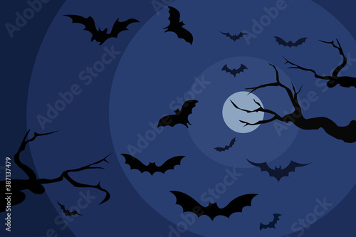 Bats flying in the sky on a full moon night. Halloween Background