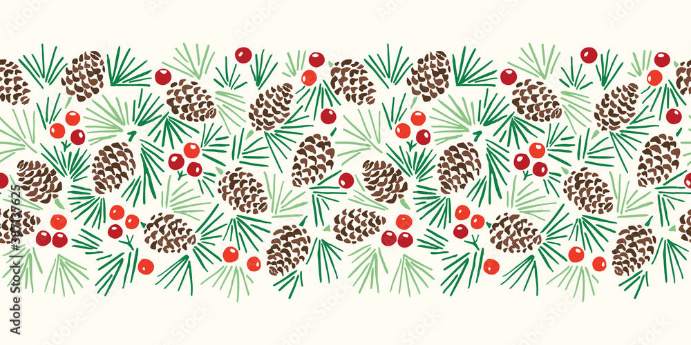 Hand Drawn Abstract Christmas Pin Cone, Red Berries, Fir Tree Foliage Horizontal Vector Seamless Pattern Border on Light Background. Modern Winter Linocut Holiday Print for Invitations, Gift Paper