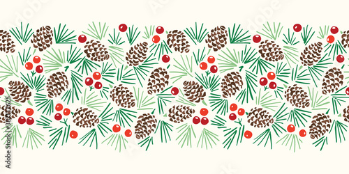 Hand Drawn Abstract Christmas Pin Cone, Red Berries, Fir Tree Foliage Horizontal Vector Seamless Pattern Border on Light Background. Modern Winter Linocut Holiday Print for Invitations, Gift Paper
