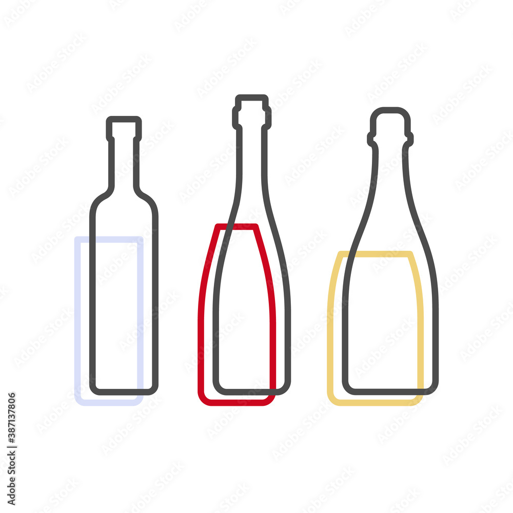 Simple line shape of vodka red wine and champagne bottle. One contour figure of flask, the second drink. Outline symbol beverage black color. Sign liquid colored. Isolated flat illustration. Simple line shape of vodka red wine and champagne bottle. One contour figure of flask, the second drink. Outline symbol beverage black color. Sign liquid colored. Isolated flat illustration.