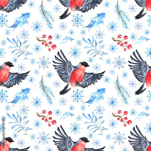 Watercolor seamless pattern of bullfinch bird  winter foliage and berries.