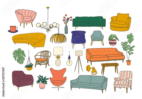 vector interior design elements. furniture mid century modern. living room element collection set.	