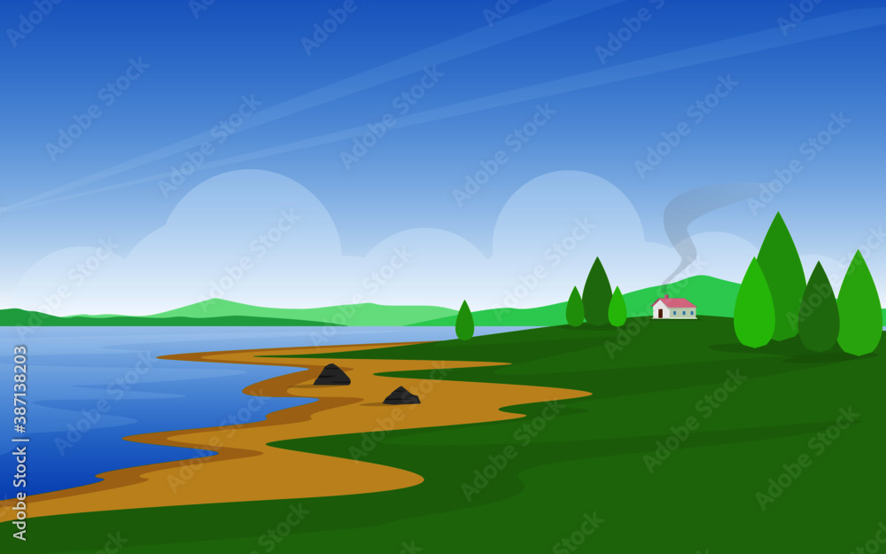 Fototapeta premium landscape with lake and trees Village art concept 