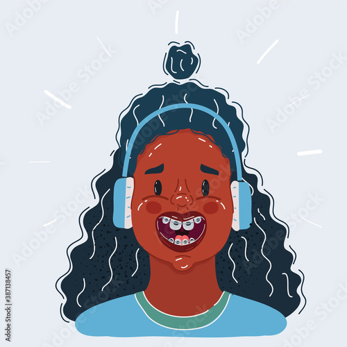 Vector illustration of Afro Black teen girls face smiling in headphones on white.