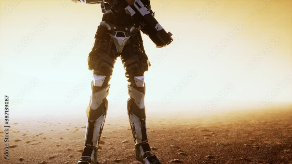 futuristic soldier in desert at sandstorm futuristic soldier in desert at sandstorm