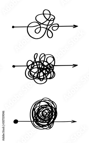 Hand drawn black line arrow clew chaos ball complicated on white background. Vector simple round shape love mind abstract icon illustration. Business process concept.