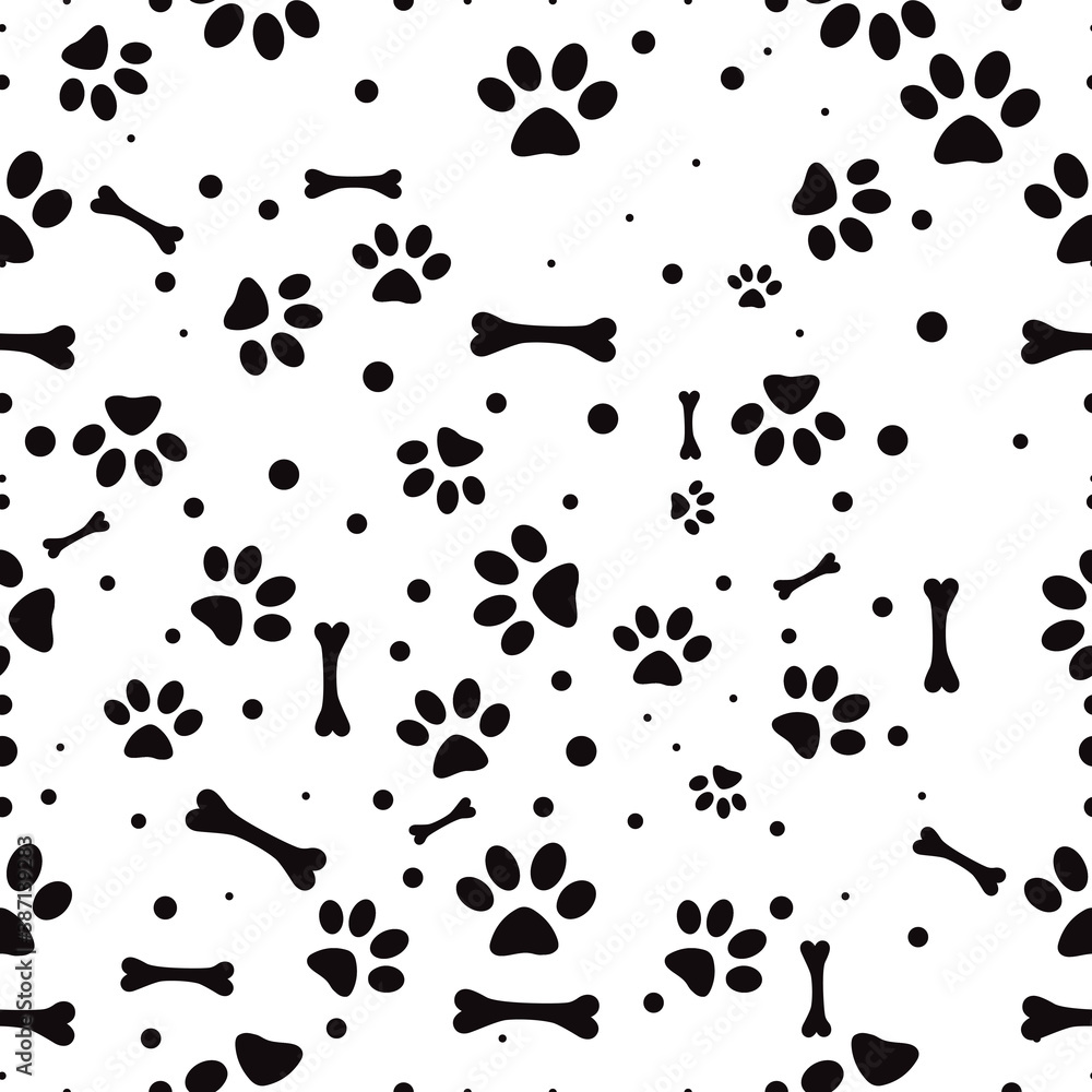 Naklejka Hand-drawn silhouette of animal paw and bone semless pattern background for print.