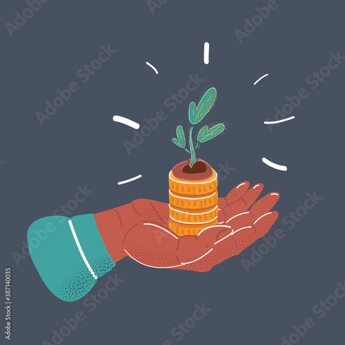 Vector illustration of Hand with tree growing from pile of coins. Object on dark background.