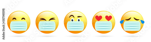 Design Emoticon with mouth mask Reaction Set. yellow face with medical mask icon. 