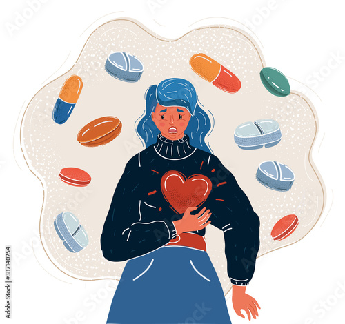 Vector illustration of woman with heartache or panic attack. Stress, doctor visits needing, illness heart, anxiety disorder, medications, pills around.