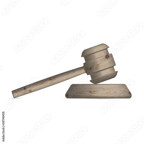 Wooden judge hammer and stand, vector illustration.