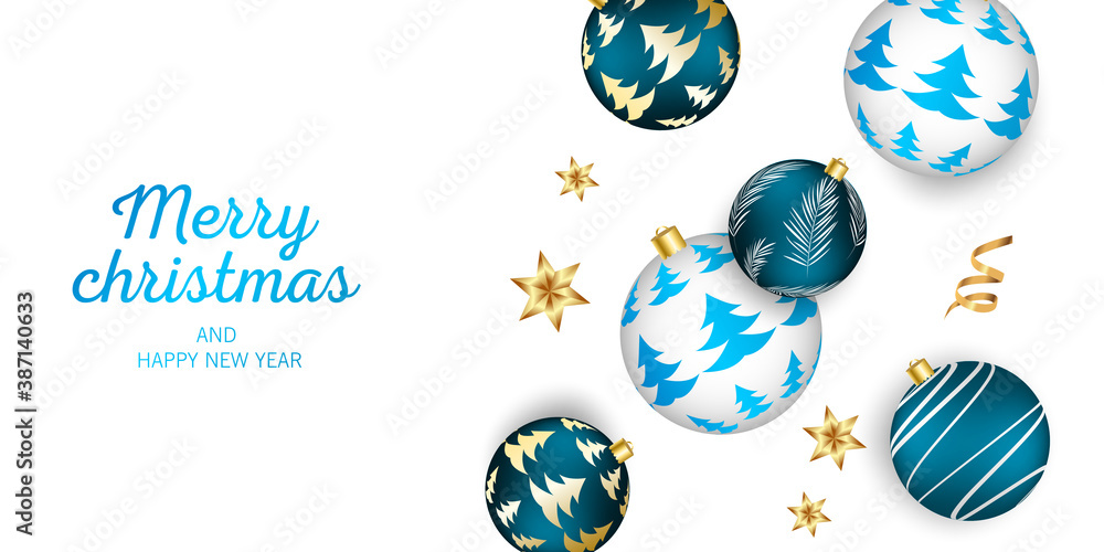 Merry Christmas and Happy New Year greeting card with festive Christmas balls and gifts. Vector holiday illustration Merry Christmas and Happy New Year greeting card with festive Christmas balls and gifts. Vector holiday illustration