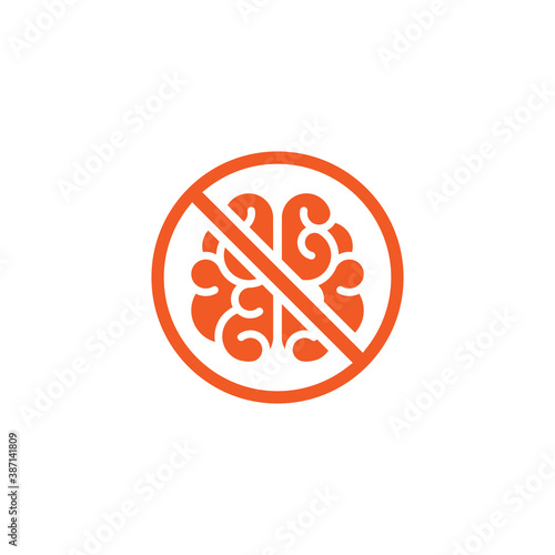brain in a red crossed circle. No brain vector icon. Stop thinking. Red prohibited sign.