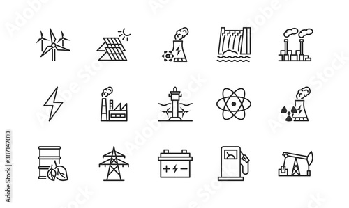Power plant flat line icons set. Energy generation station. Vector illustration alternative renewable energy sources included solar, wind, hydro, tidal, geothermal and biomass energy. Editable strokes