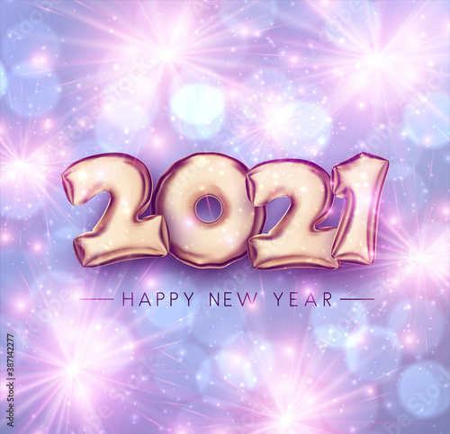 Golden foil balloon 2021 sign on violet background.
