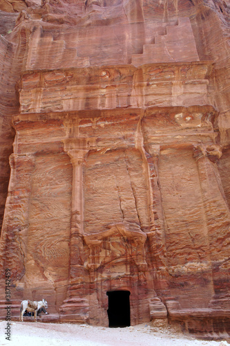 An ancient temple carved in red sandstone, its enormous size is illustrated by a white donkey seen at the bottom of the photograph. Petra, Jordan.