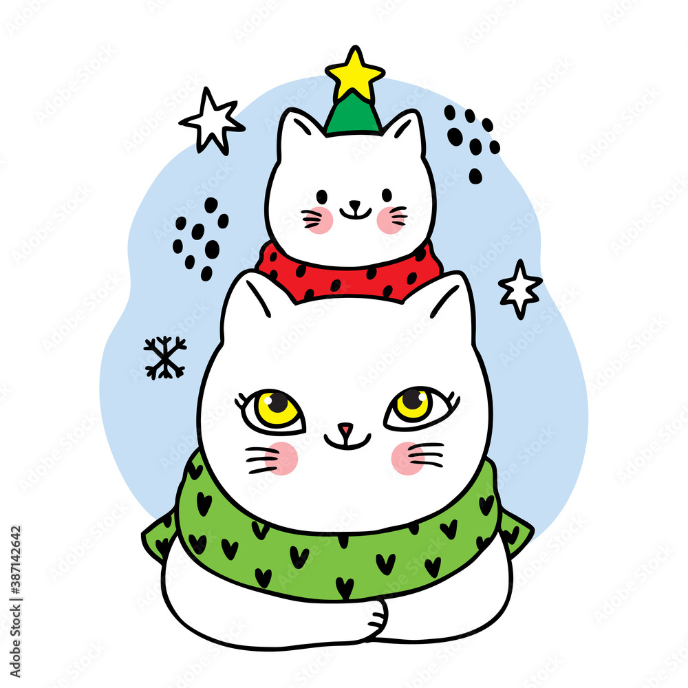 Hand draw cartoon cute Merry Christmas, Mom and baby cat like tree christmas vector. Hand draw cartoon cute Merry Christmas, Mom and baby cat like tree christmas vector.
