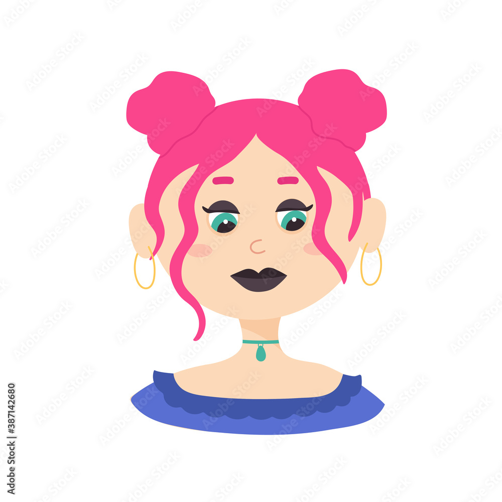 vector portrait of a feminine young woman with pink hair. isolated on white background.
