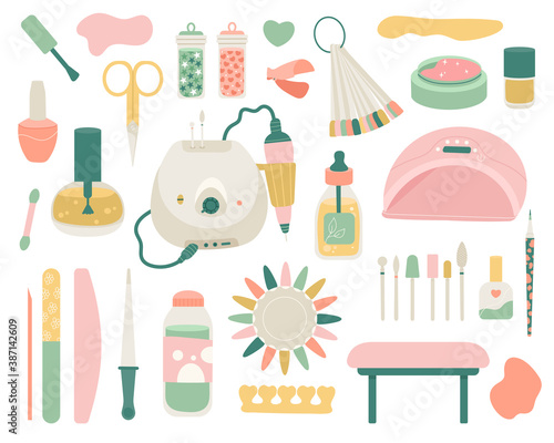 vector set of manicure tools for nail and hand care. hand drawn elements of beauty and cosmetics for women in flat style.objects of cosmetology. isolated on white background.