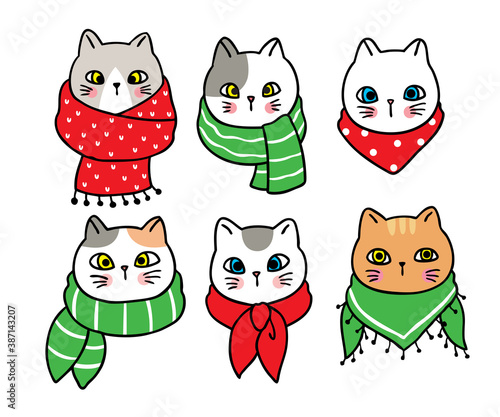 Hand draw cartoon cute Merry Christmas, Cats and colorful scarf vector.