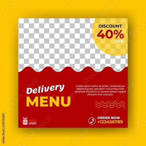 Editable square banner template. Flat design post template vector isolated on yellow background. Usable for social media restaurant, food and culinary promotion.