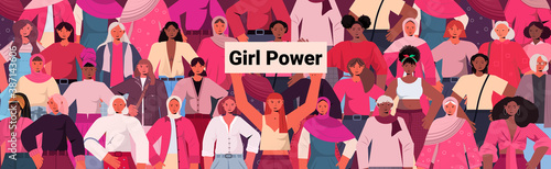 mix race girls standing together female empowerment movement women's power union of feminists concept horizontal portrait vector illustration