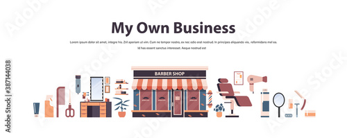 set tools and accessories shaving and hairdresser equipments barbershop concept horizontal copy space isolated vector illustration