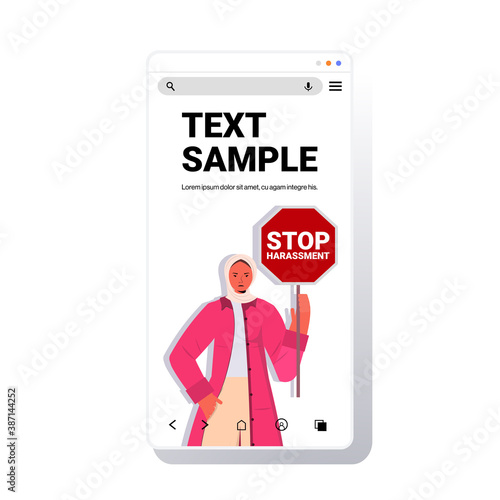 unhappy arab girl holding sign stop harassment and abuse no sexual violence concept portrait smartphone screen copy space vector illustration
