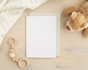Blank card mockup and envelope for baby shower invitation, greeting card design, nursery art mock up.