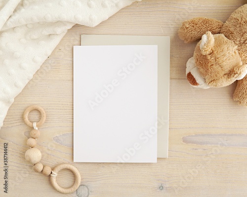 Blank card mockup and envelope for baby shower invitation, greeting card design, nursery art mock up.