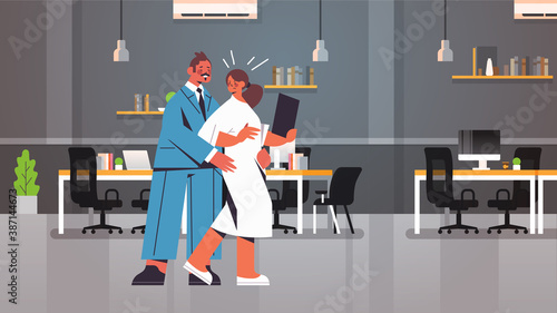 businessman molesting female employee sexual harassment at workplace businesswoman feeling disgusted office interior horizontal full length vector illustration