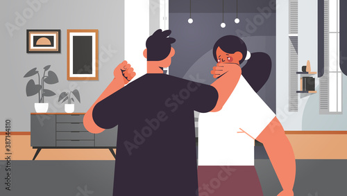 angry man punching and hitting woman stop domestic violence and aggression against women living room interior portrait horizontal vector illustration