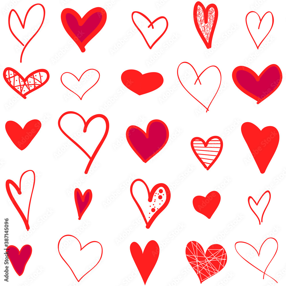 Red heart hand drawn icons set isolated on white background. Collection of hand drawn hearts for love symbol, wallpaper and Valentine's day. Creative outline frame. Heart and love vector Red heart hand drawn icons set isolated on white background. Collection of hand drawn hearts for love symbol, wallpaper and Valentine's day. Creative outline frame. Heart and love vector